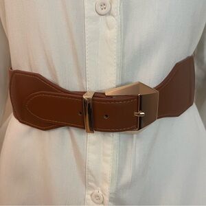Brown PU leather gold tone buckle elastic waistband belt